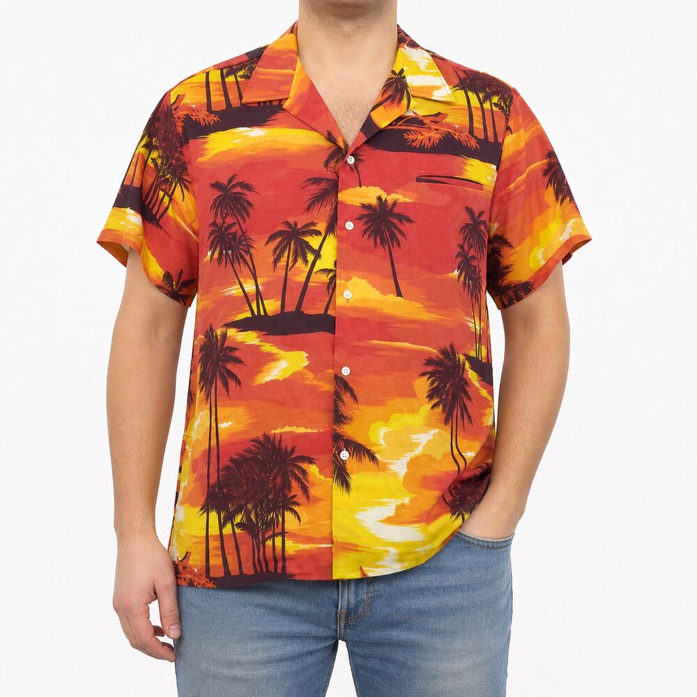 Vintage Kai Nani Shirt Mens Large Red Yellow Hawaiian Palm Tree Sunset 80s USA